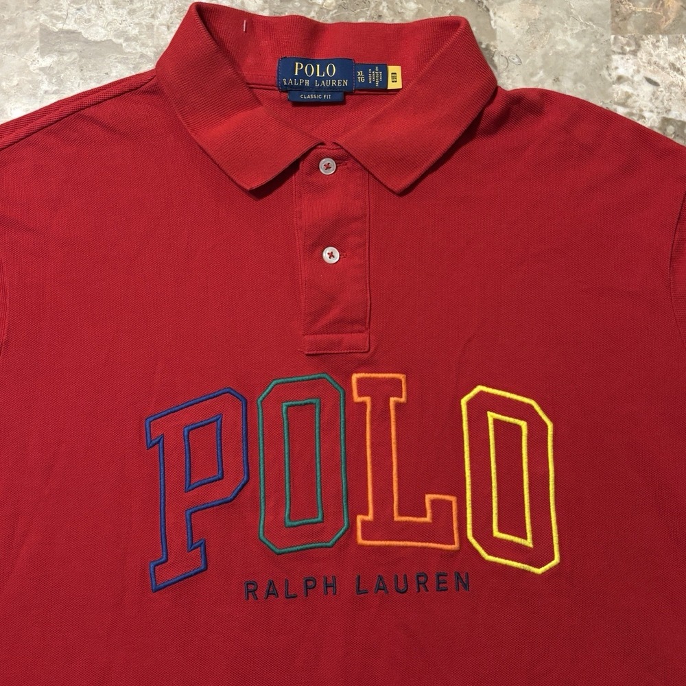 Polo Ralph Lauren Shirt Mens XL Red Colorful Varsity Spellout Pique Mesh